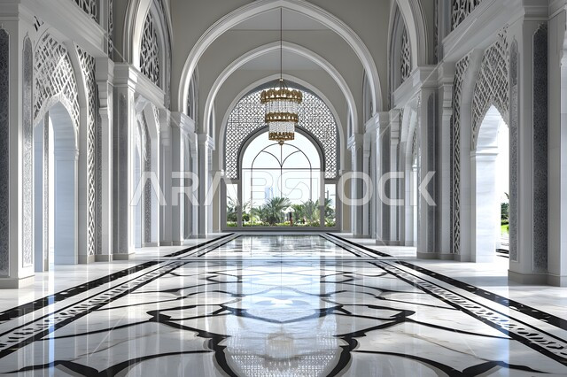 النقوش والزخارف للاعمدة والاقواس على الطراز الاسلامي، الفن الهندسي المعماري من الداخل لمسجد عربي عريق، مفهوم العبادة والتقرب إلى الله تعالى, التصاميم والديكورات الداخلية الأنيقة للمساجد