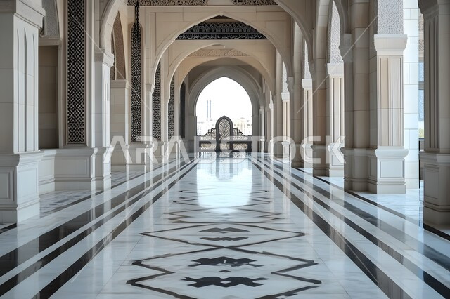 النقوش والزخارف للاعمدة والاقواس على الطراز الاسلامي، الفن الهندسي المعماري من الداخل لمسجد عربي عريق، مفهوم العبادة والتقرب إلى الله تعالى, التصاميم والديكورات الداخلية الأنيقة للمساجد