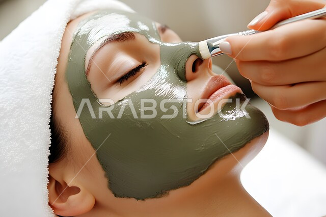 إستخدام مكونات تجميلية, صورة لمرأة عربية خليجية سعودية تضع القناع التجميلي على الوجه مفهوم العناية والإهتمام بنضارة وتحسين البشرة