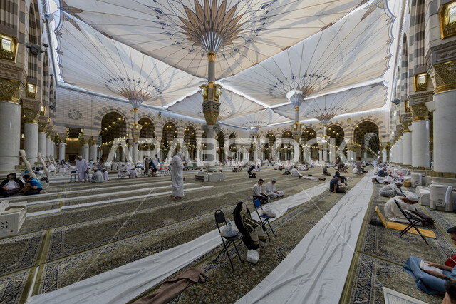 The Prophet's Mosque in Medina, Saudi Arabia, architecture and interior design of the Holy Mosque, Islamic religious landmarks, Islamic holy places