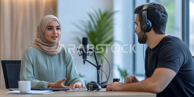 استخدام التقنيات الحديثة، رجل عربي سعودي خليجي  مع شابة بالعباءة والحجاب في مقابلة عمل داخل مقر الاستديو، معدات وأجهزة تسجيلات الصوت، اجراء بث صوتي مباشر (بودكاست) عبر برامج التواصل الاجتماعي، ايماءات الحماس والتفاعل