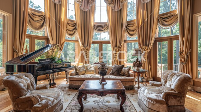 الديكورات الداخلية الراقية للفلل و الشقق السكنية في المملكة العربية السعودية, التصاميم الأنيقة لغرف الجلوس المريحة على الطراز الحديث, الواجهات و النوافذ الزجاجية الكبيرة, غرفة معيشة مع أثاث منزلي فاخر