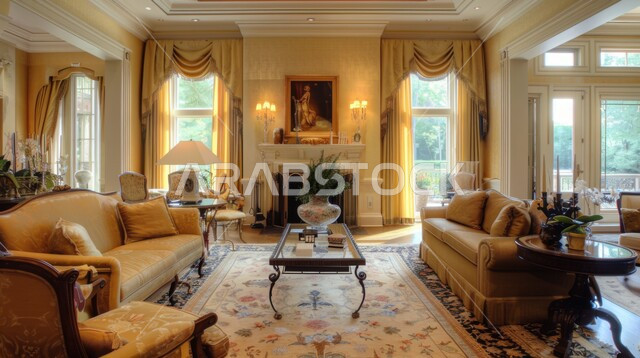 الديكورات الداخلية الراقية للفلل و الشقق السكنية في المملكة العربية السعودية, التصاميم الأنيقة لغرف الجلوس المريحة على الطراز الحديث, الواجهات و النوافذ الزجاجية الكبيرة, غرفة معيشة مع أثاث منزلي فاخر