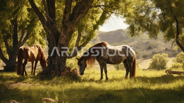 تربية وتدريب وترويض الخيول، توارث حب الخيول من الأجداد إلى الأحفاد، العناية والاهتمام بالجياد، حصانين يقفان داخل مزرعة، شغف الفروسية ومهارة ركوب الخيل، المحميات الطبيعية في المملكة العربية السعودية
