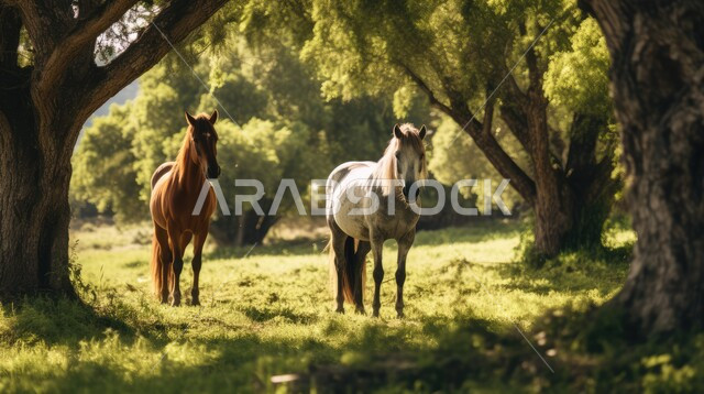 تربية وتدريب وترويض الخيول، توارث حب الخيول من الأجداد إلى الأحفاد، العناية والاهتمام بالجياد، حصانين يقفان داخل مزرعة، شغف الفروسية ومهارة ركوب الخيل، المحميات الطبيعية في المملكة العربية السعودية