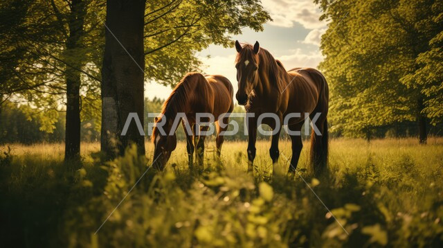 تربية وتدريب وترويض الخيول، توارث حب الخيول من الأجداد إلى الأحفاد، العناية والاهتمام بالجياد، حصانين يقفان داخل مزرعة، شغف الفروسية ومهارة ركوب الخيل، المحميات الطبيعية في المملكة العربية السعودية