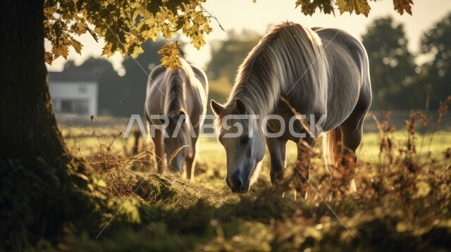 تربية وتدريب وترويض الخيول، توارث حب الخيول من الأجداد إلى الأحفاد، العناية والاهتمام بالجياد، حصانين يقفان داخل مزرعة، شغف الفروسية ومهارة ركوب الخيل، المحميات الطبيعية في المملكة العربية السعودية