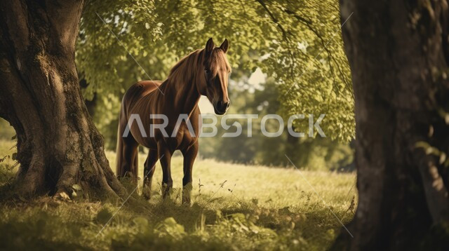 تربية وتدريب وترويض الخيول، توارث حب الخيول من الأجداد إلى الأحفاد، العناية والاهتمام بالجياد، حصان يقف داخل مزرعة، شغف الفروسية ومهارة ركوب الخيل، المحميات الطبيعية في المملكة العربية السعودية