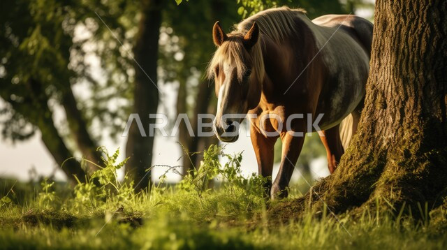 تربية وتدريب وترويض الخيول، توارث حب الخيول من الأجداد إلى الأحفاد، العناية والاهتمام بالجياد، حصان يقف داخل مزرعة، شغف الفروسية ومهارة ركوب الخيل، المحميات الطبيعية في المملكة العربية السعودية