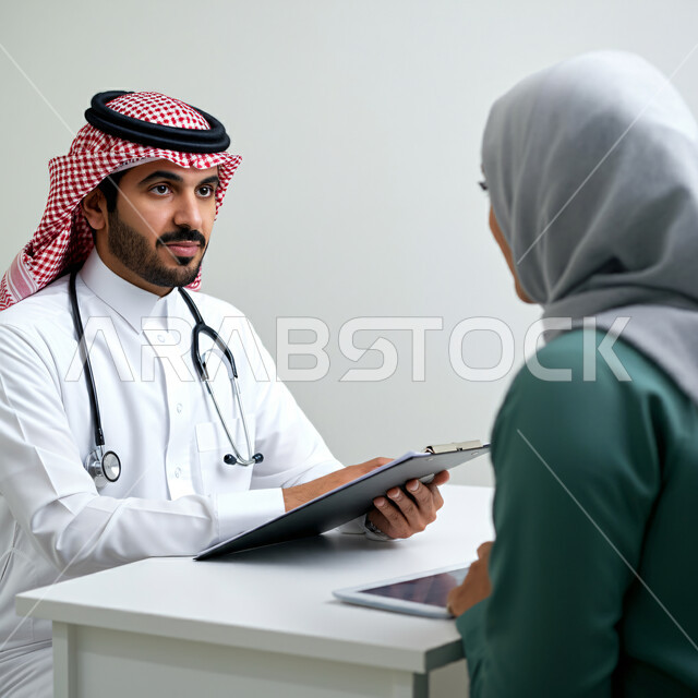 تقديم الخدمات للمرضى بكل كفاءة، طبيب عربي خليجي سعودي يرتدي الثوب التقليدي والمعطف الابيض يقوم بتدوين البيانات يشرح الحالة الصحية للمريضة التي تجلس أمامه، العمل في القطاع الصحي في المملكة العربية السعودية، مهن ووظائف صحية