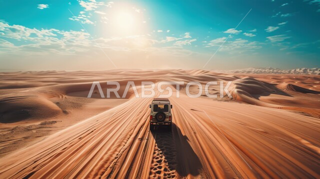 رحلات سفاري على الكثبان الرملية, الاستمتاع بالفعاليات و الأنشطة الصحراوية الممتعة, المغامرات الشيقة على الرمال الذهبية الناعمة في صحاري المملكة العربية السعودية، سيارة الدفع الرباعي تسير وسط صحراء, ممارسة الهوايات الشبابية المفضلة