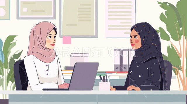 Working to achieve goals and strategies, office administrative professions and jobs, using modern and advanced technological devices, managing and organizing business affairs, an illustration of two Saudi Gulf Arab women inside the work office