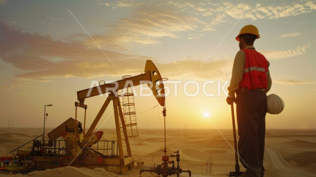 صناعات ومشاريع بيتروكيماوية, العمل في مجال هندسة البترول, صورة  من الخلف لمهندس خليجي يرتدي البدلة الواقية وخوذة الحماية يقوم بتقييم جودة المصانع النفطية في المملكة العربية السعودية, مصنع تكرير النفط والغاز في المنطقة الصناعية،