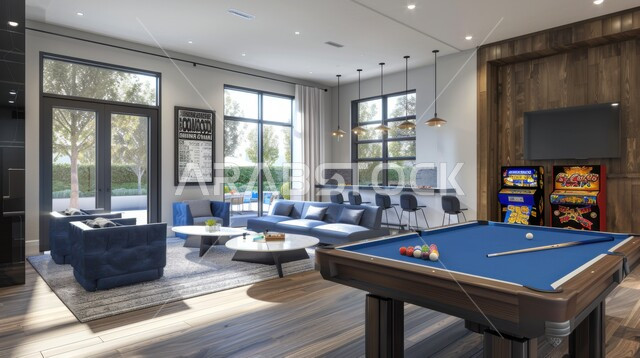 مركز ترفيهي ممتع, الغرف الانيقة والحديثة مع طاولة بلياردو وألعاب أركيد, اللعب في صالات الألعاب الإلكترونية، قضاء الأوقات الممتعة في ممارسة الأنشطة الترفيهية، اللعب والتحدي والمنافسة بين اللاعبين