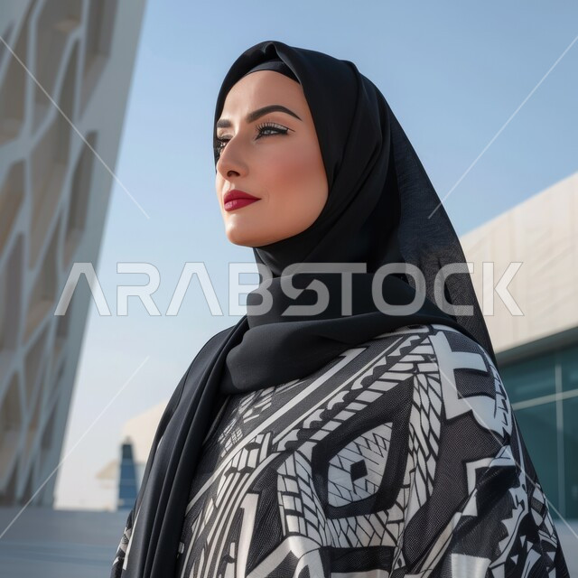 الاهتمام بالمظهر الخارجي، مفهوم الأنوثة والأناقة والشياكة والنعومة، أزياء محجبات عصرية حديثة، صورة مقربة لامرأة عربيه خليجيه سعودية محجبه ترتدي الحجاب والعباءة  تنظر الى شيء ما بإيماءات الثقه بالنفس, خلفية السماء الصافية