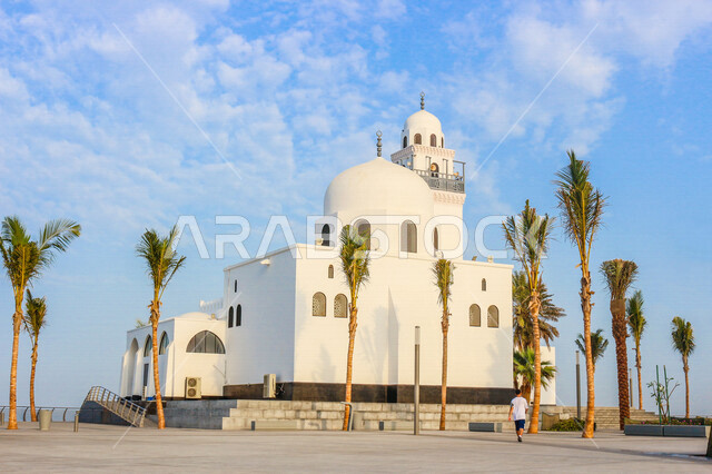 A picture of the Corniche Beach Mosque in Jeddah, Saudi Arabia, the waterfront of the Jeddah Corniche, the beauty of nature in Jeddah, the architecture of Saudi Arabia