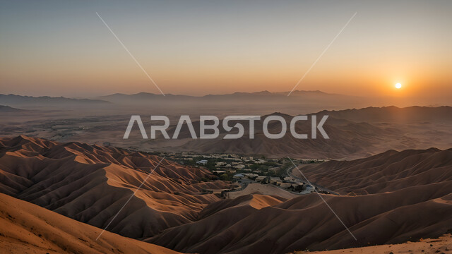 الهضاب و التلال في المناطق الطبيعية الصحراوية، البيئة الرملية وقت غروب الشمس، الرمال الذهبية الناعمة المتموجة والكثبان في صحراء المملكة العربية السعودية, خلفية الطبيعه 
