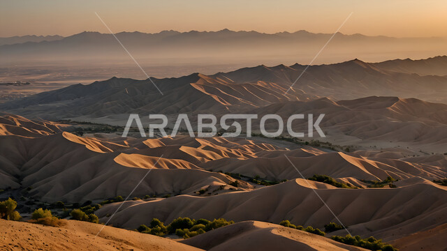 الهضاب و التلال في المناطق الطبيعية الصحراوية، البيئة الرملية وقت غروب الشمس، الرمال الذهبية الناعمة المتموجة والكثبان في صحراء المملكة العربية السعودية, خلفية الطبيعه 