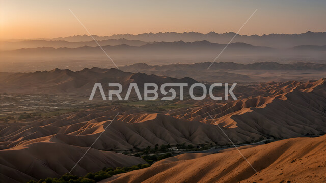 الهضاب و التلال في المناطق الطبيعية الصحراوية، البيئة الرملية وقت غروب الشمس، الرمال الذهبية الناعمة المتموجة والكثبان في صحراء المملكة العربية السعودية, خلفية الطبيعه 