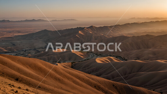 الهضاب و التلال في المناطق الطبيعية الصحراوية، البيئة الرملية وقت غروب الشمس، الرمال الذهبية الناعمة المتموجة والكثبان في صحراء المملكة العربية السعودية, خلفية الطبيعه 