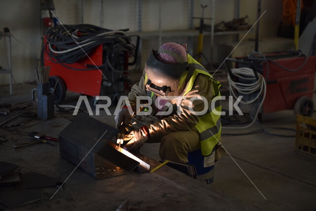 متابعة سير العمل في ورش الحدادة بمهارة وإتقان، ارتداء الزي الواقي للحماية من الشرار المتناثر في المعمل, عامل عربي خليجي سعودي يرتدي قناع الحماية والقفازات يقوم بلحام المعدن وصهره, تجهيز وتوصيل الحديد بمعدات وأدوات لحامية خاصة، وظائف ومهن صناعية للشباب السعودي