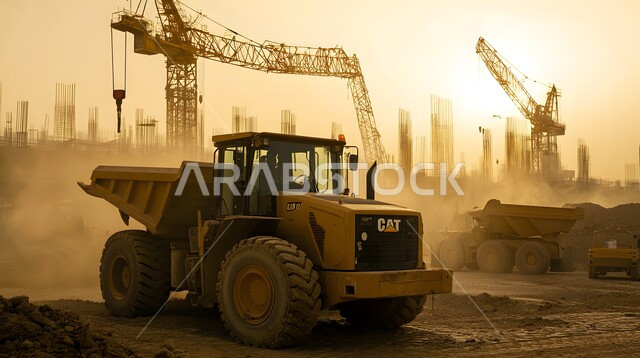 مفهوم مشاريع البناء والانشاء الكبيرة, جرافة هيدروليكية تقوم بأحد اعمال التعدين لنقل وتفريغ التراب في الأماكن الجبلية في المملكة العربية السعودية, مهن ووظائف هندسية صناعية, استخدام الآلات والمعدات الثقيلة في المناطق الوعرة في وقت النهار