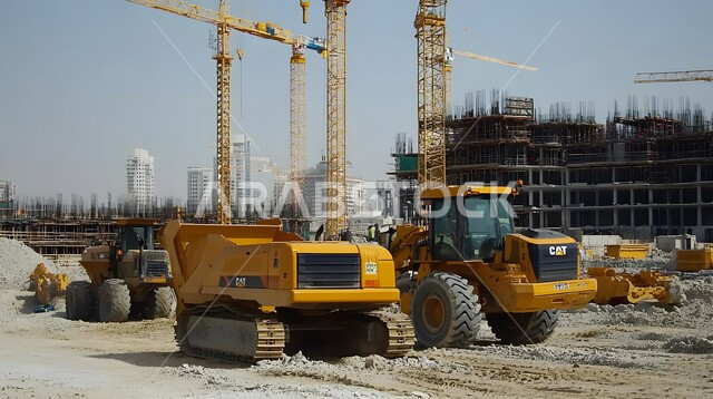 مفهوم مشاريع البناء والانشاء الكبيرة, جرافة هيدروليكية تقوم بأحد اعمال التعدين لنقل وتفريغ التراب في الأماكن الجبلية في المملكة العربية السعودية, مهن ووظائف هندسية صناعية, استخدام الآلات والمعدات الثقيلة في المناطق الوعرة في وقت النهار