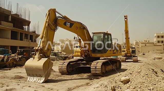 مفهوم مشاريع البناء والانشاء الكبيرة, جرافة هيدروليكية تقوم بأحد اعمال التعدين لنقل وتفريغ التراب في الأماكن الجبلية في المملكة العربية السعودية, مهن ووظائف هندسية صناعية, استخدام الآلات والمعدات الثقيلة في المناطق الوعرة في وقت النهار