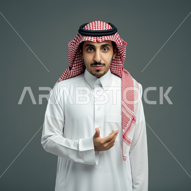 الاهتمام بالمظهر الخارجي، الثقة بالنفس والشعور بالقوة، بورتريه مقرب لشاب عربي خليجي سعودي يرتدي الثوب التقليدي والشماغ ينظر إلى الكاميرا، إيماءات يدين مختلفة، مفهوم الرجولة والأناقة، خلفية رمادية