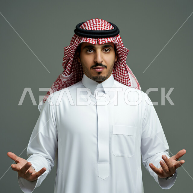 الاهتمام بالمظهر الخارجي، الثقة بالنفس والشعور بالقوة، بورتريه مقرب لشاب عربي خليجي سعودي يرتدي الثوب التقليدي والشماغ ينظر إلى الكاميرا، إيماءات يدين مختلفة، مفهوم الرجولة والأناقة، خلفية رمادية