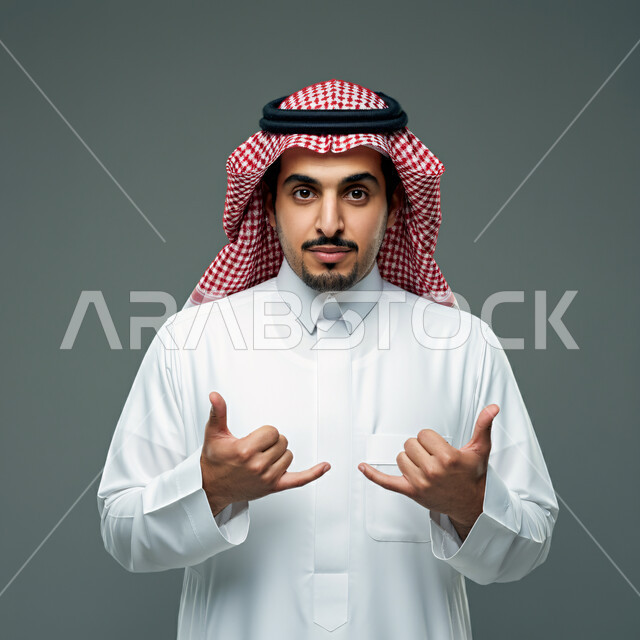 الاهتمام بالمظهر الخارجي، الثقة بالنفس والشعور بالقوة، بورتريه مقرب لشاب عربي خليجي سعودي يرتدي الثوب التقليدي والشماغ ينظر إلى الكاميرا، إيماءات يدين مختلفة، مفهوم الرجولة والأناقة، خلفية رمادية