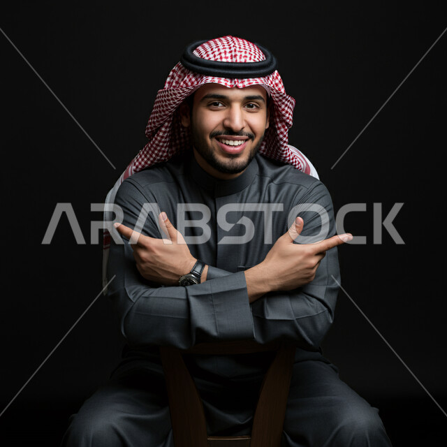 مفهوم الرجولة والأناقة، الاهتمام بالمظهر الخارجي، الثقة بالنفس والشعور بالقوة، بورتريه لشاب عربي خليجي سعودي مبتسم يرتدي الشماغ والثوب التقليدي يجلس على الكرسي ينظر إلى الكاميرا بتعابير السرور والثقة بالنفس، إيماءات يدين مختلفة، خلفية رمادية