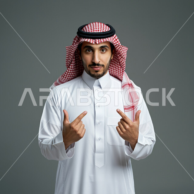 Concern about appearance, self-confidence and feeling of strength, portrait from behind of a young Saudi Arabian Gulf man wearing traditional thobe and shemagh standing straight looking at the camera, different hand gestures, concept of masculinity and elegance, gray background
