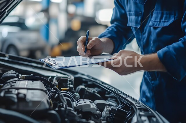مهندس ميكانيكي محترف، صوره مقربه لعامل عربي يعمل على محرك سيارة ويدون ملاحظات على حافظة ويقوم بفحص قطع السيارة في المرآب، مفهوم معدات خدمة إصلاح العربات، التشييك وتصليح السيارات في مركز الصيانه, مهن ووظائف سعودية