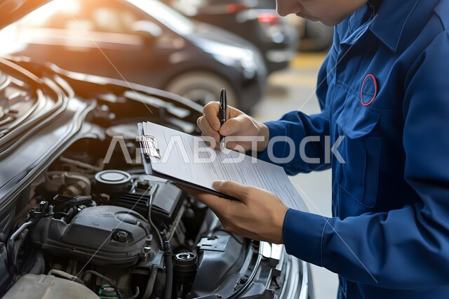 Professional mechanical engineer, close up of arab worker working on car engine, taking notes on clipboard and checking car parts in garage, concept of car repair service equipment, checking and repairing cars in maintenance center, Saudi jobs and professions