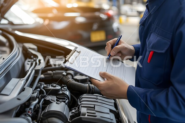 مهندس ميكانيكي محترف، صوره مقربه لعامل عربي يعمل على محرك سيارة ويدون ملاحظات على حافظة ويقوم بفحص قطع السيارة في المرآب، مفهوم معدات خدمة إصلاح العربات، التشييك وتصليح السيارات في مركز الصيانه, مهن ووظائف سعودية
