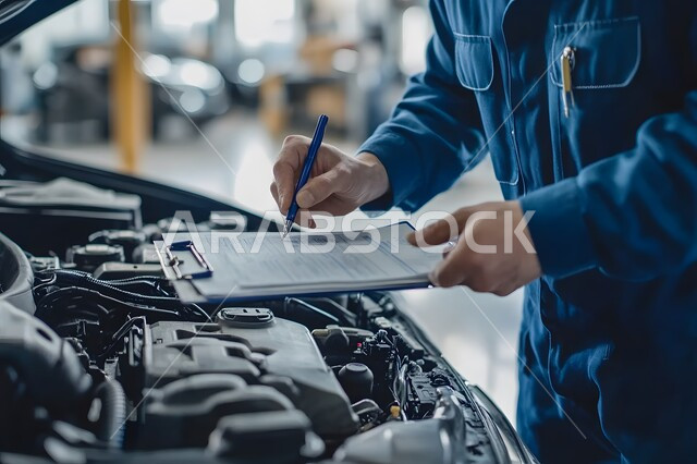 مهندس ميكانيكي محترف، صوره مقربه لعامل عربي يعمل على محرك سيارة ويدون ملاحظات على حافظة ويقوم بفحص قطع السيارة في المرآب، مفهوم معدات خدمة إصلاح العربات، التشييك وتصليح السيارات في مركز الصيانه, مهن ووظائف سعودية