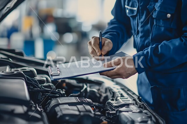 مهندس ميكانيكي محترف، صوره مقربه لعامل عربي يعمل على محرك سيارة ويدون ملاحظات على حافظة ويقوم بفحص قطع السيارة في المرآب، مفهوم معدات خدمة إصلاح العربات، التشييك وتصليح السيارات في مركز الصيانه, مهن ووظائف سعودية