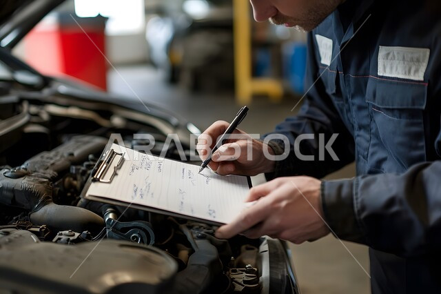 مهندس ميكانيكي محترف، صوره مقربه لعامل عربي يعمل على محرك سيارة ويدون ملاحظات على حافظة ويقوم بفحص قطع السيارة في المرآب، مفهوم معدات خدمة إصلاح العربات، التشييك وتصليح السيارات في مركز الصيانه, مهن ووظائف سعودية