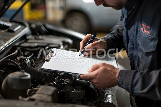 التشييك وتصليح السيارات في مركز الصيانه, مهندس ميكانيكي محترف، صوره مقربه لعامل عربي يعمل على محرك سيارة ويدون ملاحظات على حافظة ويقوم بفحص قطع السيارة في المرآب، مفهوم معدات خدمة إصلاح العربات، مهن ووظائف سعودية