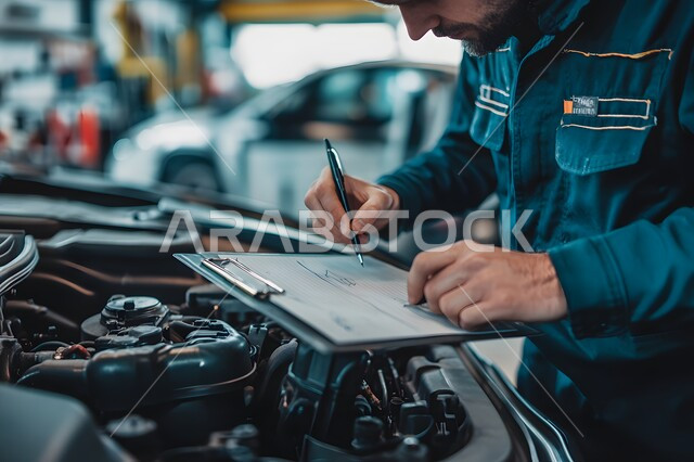 Car check and repair in maintenance center, professional mechanical engineer, close up of arab worker working on car engine and taking notes on clipboard and checking car parts in garage, concept of car repair service equipment, saudi jobs and professions