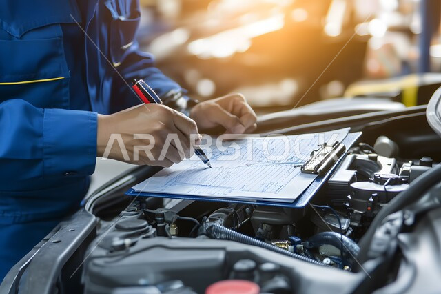 التشييك وتصليح السيارات في مركز الصيانه, مهندس ميكانيكي محترف، صوره مقربه لعامل عربي يعمل على محرك سيارة ويدون ملاحظات على حافظة ويقوم بفحص قطع السيارة في المرآب، مفهوم معدات خدمة إصلاح العربات، مهن ووظائف سعودية