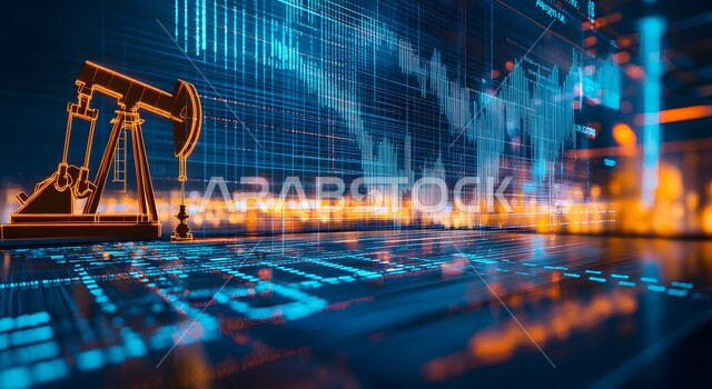 Saudi Vision 2030, Integrating Technology with Work, Developing the Saudi Economy, Quality of Petroleum Extraction Tools and Equipment, Selling and Exporting Subsoil Resources, Oil and Gas Exploration Machines, Electronic Screen with Statistical Symbols and Graphics, Rising Stock Market Shares