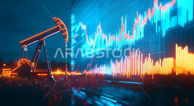 Saudi Vision 2030, Integrating Technology with Work, Developing the Saudi Economy, Quality of Petroleum Extraction Tools and Equipment, Selling and Exporting Subsoil Resources, Oil and Gas Exploration Machines, Electronic Screen with Statistical Symbols and Graphics, Rising Stock Market Shares