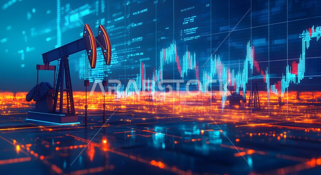  رؤية سعودية مستقبلية 2030, دمج التقنية والتكنولوجيا مع العمل، تنمية الاقتصاد السعودي, جودة أدوات و معدات استخراج البترول, بيع و تصدير الثروات الباطنية, آلات التنقيب عن النفط والغاز, شاشة الكترونية برموز و رسومات احصائية, ارتفاع أسهم البورصة في السوق المالية