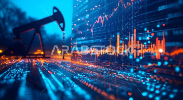 Saudi Vision 2030, Integrating Technology with Work, Developing the Saudi Economy, Quality of Petroleum Extraction Tools and Equipment, Selling and Exporting Subsoil Resources, Oil and Gas Exploration Machines, Electronic Screen with Statistical Symbols and Graphics, Rising Stock Market Shares