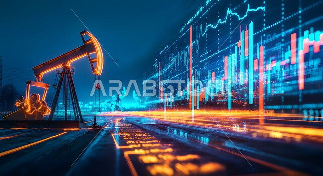 Saudi Vision 2030, Integrating Technology with Work, Developing the Saudi Economy, Quality of Petroleum Extraction Tools and Equipment, Selling and Exporting Subsoil Resources, Oil and Gas Exploration Machines, Electronic Screen with Statistical Symbols and Graphics, Rising Stock Market Shares
