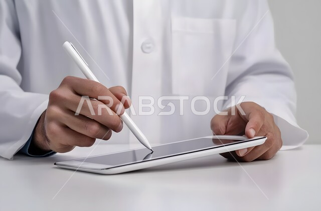  استخدام قلم التابليت لتدوين الملاحظات، التقنيات الحديثة المتطورة، بورتريه مقرب ليد رجل عربي سعودي يجلس على طاولة يرتدي الثوب التقليدي يحمل جهاز آيباد ويستخدم قلم ستايلس للكتابة أو الرسم على الشاشة، التسويق لموقع إلكتروني، برامج التواصل الاجتماعي، خلفية بيضاء