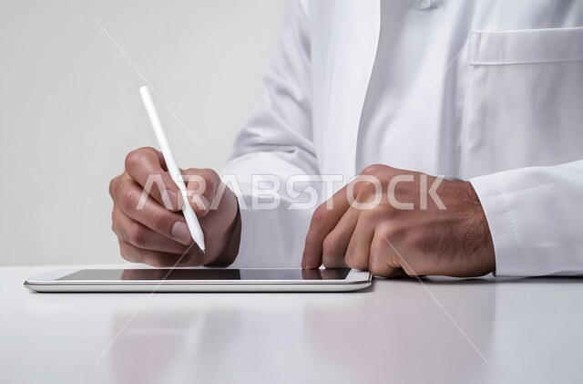  استخدام قلم التابليت لتدوين الملاحظات، التقنيات الحديثة المتطورة، بورتريه مقرب ليد رجل عربي سعودي يجلس على طاولة يرتدي الثوب التقليدي يحمل جهاز آيباد ويستخدم قلم ستايلس للكتابة أو الرسم على الشاشة، التسويق لموقع إلكتروني، برامج التواصل الاجتماعي، خلفية بيضاء