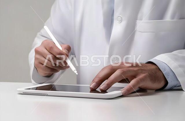  استخدام قلم التابليت لتدوين الملاحظات، التقنيات الحديثة المتطورة، بورتريه مقرب ليد رجل عربي سعودي يجلس على طاولة يرتدي الثوب التقليدي يحمل جهاز آيباد ويستخدم قلم ستايلس للكتابة أو الرسم على الشاشة، التسويق لموقع إلكتروني، برامج التواصل الاجتماعي، خلفية بيضاء